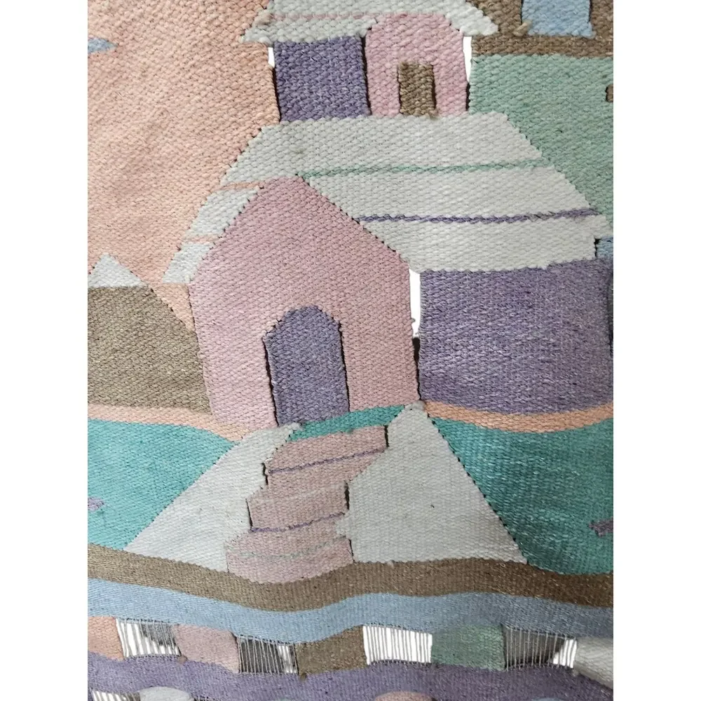 Vintage Southwest Pueblo Mountain Town Wool Woven Wall Hanging 45
